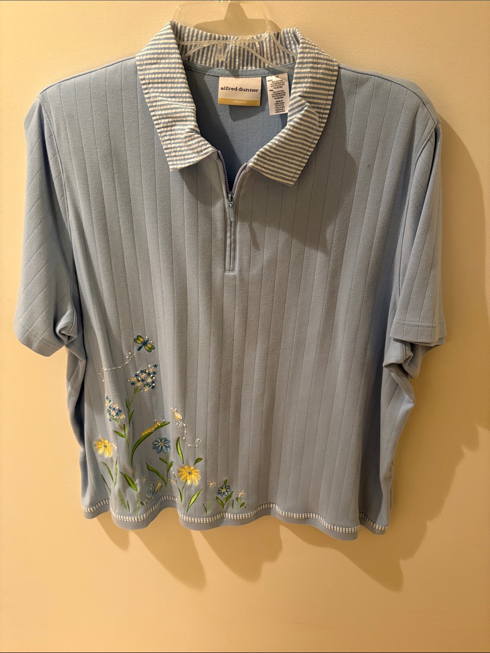 Alfred Dunner Light Blue Short-Sleeve Polo with Floral Embroidery